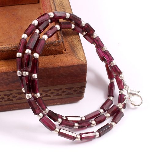 Garnet Tube Shape Beads Necklace, Garnet Gemstone Beaded Jewelry With 925 Silver Clasp 3x5.5-3x7 MM, Garnet Faceted Pipe Shape Beads 18" - Image 3