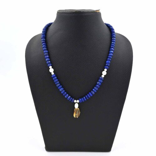 Blue Lapis Rondelle Necklace | Lapis Lazuli Faceted Necklace with Pearls | Two Stone Natural Lapis Necklace | Citrine Pendant with Necklace