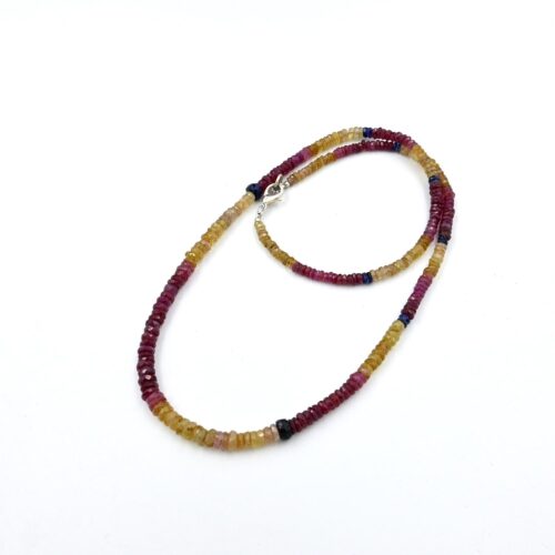 Multi Sapphire Faceted Round Beads Necklace, Genuine Gemstone Jewelry, Yellow Sapphire Faceted Necklace, Natural Pink Ruby Beaded Necklaces