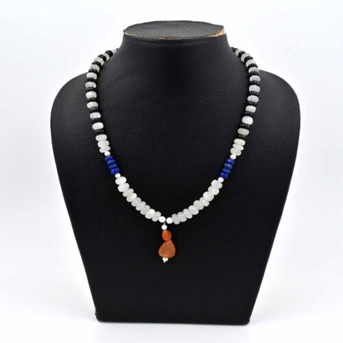 White Moonstone Pumpkin Beads Necklace, Lapis Lazuli Faceted Beads, Black Spinel Melon Shape Beads with Carnelian Carved Pendant Jewelry - Image 2