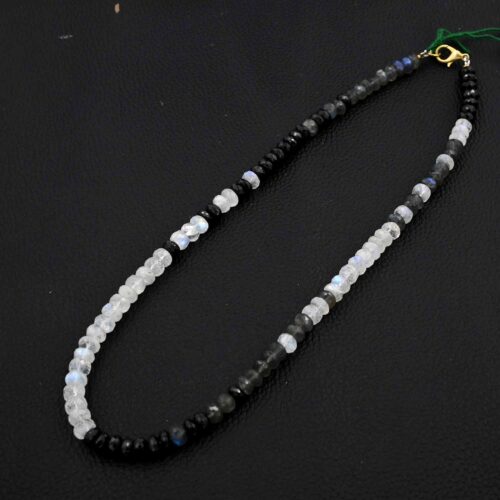 White Rainbow Round Gemstone Necklaces, Labradorite Faceted Necklace, Triple Stone Necklace, Black Spinel Faceted Rondelle Necklace - Image 2