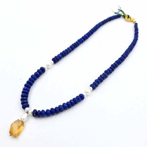 Blue Lapis Rondelle Necklace | Lapis Lazuli Faceted Necklace with Pearls | Two Stone Natural Lapis Necklace | Citrine Pendant with Necklace - Image 2