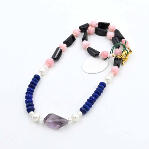 Pink Opal Smooth Beads Necklace, Lapis Lazuli Faceted Round Necklace, Multi Gemstone Birthstone Necklaces Black Spinel with Amethyst Nuggets