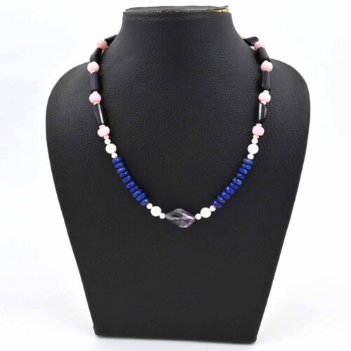 Pink Opal Smooth Beads Necklace, Lapis Lazuli Faceted Round Necklace, Multi Gemstone Birthstone Necklaces Black Spinel with Amethyst Nuggets - Image 2