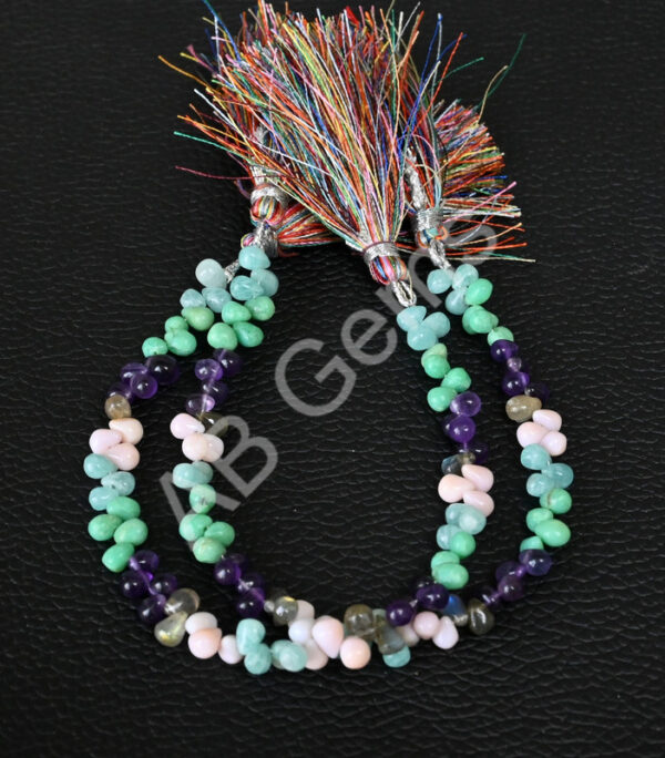Gemstone Drop Shape Beads, Amazonite, Chrysoprase, Amethyst, Labradorite, Pink Opal Multi Gemstone Drop Beads 7" - Image 3