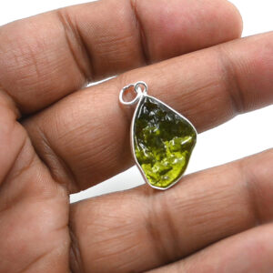 Raw Moldavite Healing Pendant in Silver Setting – Genuine Czech Tektite