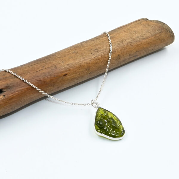 Natural Moldavite Raw Rough Pendant in Sterling Silver