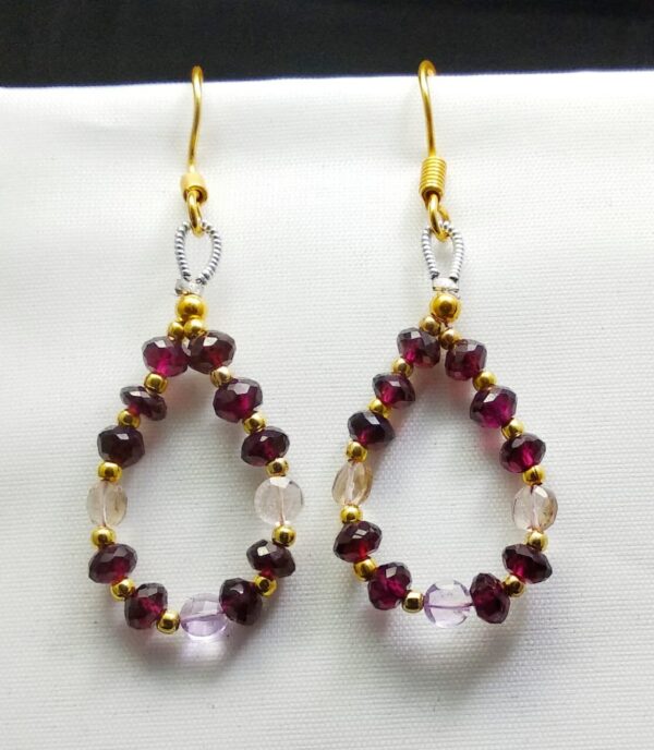 Gemstone Beads Earrings, Garnet & Ametrine Roundel Shape Beads Earrings, Gemstone Beaded Jewelry For Girls And Women 1.5"