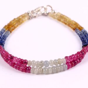 Rainbow Multi Sapphire Beads Bracelet, Sapphire Handmade Beads Bracelet, Multi Sapphire Charm Beads Bracelet 925 Sterling Silver 3-4 MM 7.5"