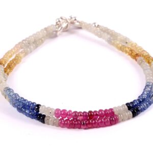 Multi Sapphire Beads Bracelet, Handmade Charm Beaded Bracelet, Sapphire Smooth Beads Bracelet For Females 925 Sterling Silver 3-3.5MM 7.50"