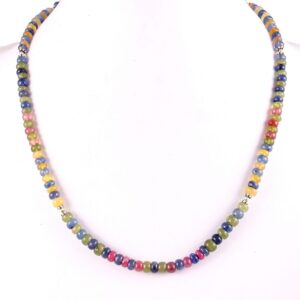 AAA+ Grade Sapphire Beads Necklace, Blue Pink Yellow Sapphire Beads Necklace, Rainbow Sapphire Beads Necklace With 925 Silver 5-6.5 MM 19.5"