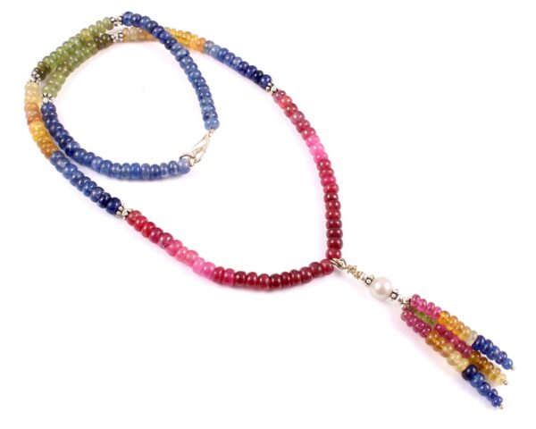 925 Silver Multi Sapphire Beads Necklace, Natural Multi Color Sapphire Beads Necklace With Pendant 5.50 MM 19.5" - Image 2