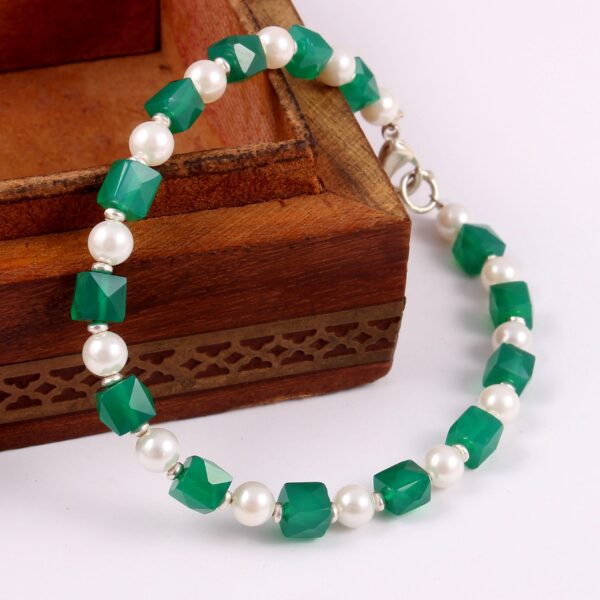 Green Onyx Cube Shape Beads Bracelet 6 MM, Onyx With Taiwan Pearls Beaded Bracelet, Gemstone Jewelry With 925 Silver Lobster Claw 7.5" - Image 2