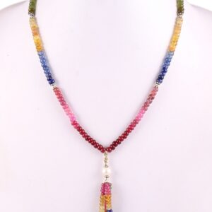 925 Silver Multi Sapphire Beads Necklace, Natural Multi Color Sapphire Beads Necklace With Pendant 5.50 MM 19.5"