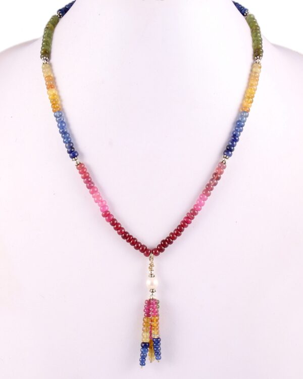 925 Silver Multi Sapphire Beads Necklace, Natural Multi Color Sapphire Beads Necklace With Pendant 5.50 MM 19.5"
