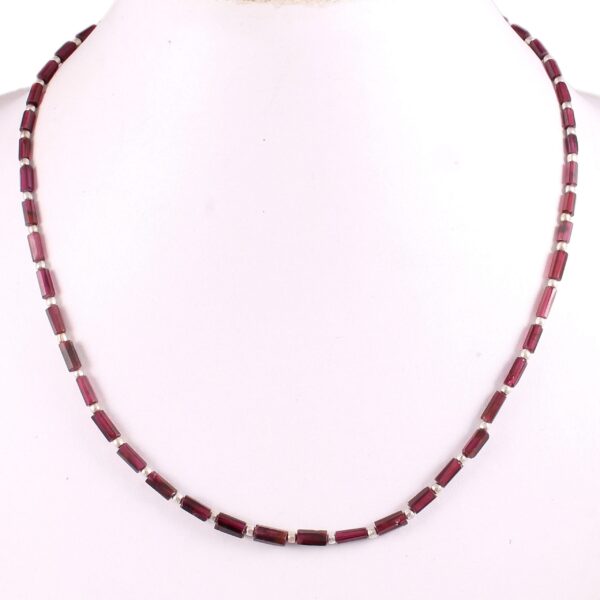 Garnet Tube Shape Beads Necklace, Garnet Roundel Necklace 925 Silver 3x6-4x7.5 MM 18" - Image 2