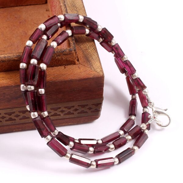 Garnet Tube Shape Beads Necklace, Garnet Roundel Necklace 925 Silver 3x6-4x7.5 MM 18"