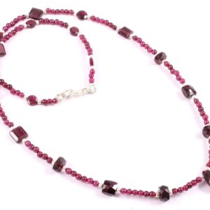 Garnet beads Necklace, Natural Garnet Gemstone Shape beads, Garnet Round Beads Necklace, Garnet Multi Shape Beads Necklace 925 Silver 18"