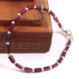 Garnet Tube Beads Bracelet 3x6-3x7mm - Genuine Gemstone Pipe Shape Beads with 925 Sterling Silver Clasp | Trendy Boho Gems Jewelry Gift 7"