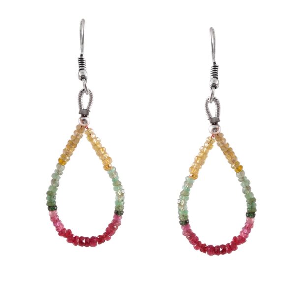 Natural Emerald, Ruby & Yellow Sapphire Gemstone Beaded Earrings - Elegant Faceted Gemstone Loop Earrings, Earrings Gift For Her 1.5"