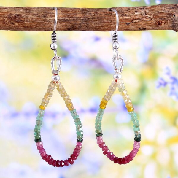Natural Emerald, Ruby & Yellow Sapphire Gemstone Beaded Earrings - Elegant Faceted Gemstone Loop Earrings, Earrings Gift For Her 1.5" - Image 2