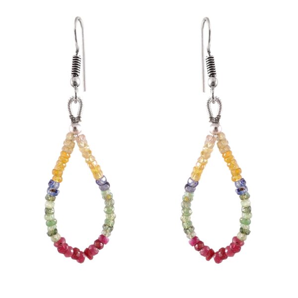 Multi Gemstone Beads Earrings, Emerald, Sapphire & Ruby Dangle Earrings, 925 Sterling Silver Hook, 3mm Beads, 1.5" Long, Gift for Her - Image 2
