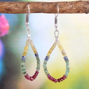 Multi Gemstone Beads Earrings, Emerald, Sapphire & Ruby Dangle Earrings, 925 Sterling Silver Hook, 3mm Beads, 1.5" Long, Gift for Her