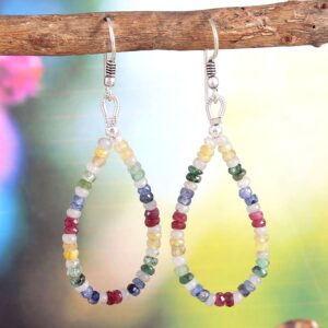 Emerald Roundel Beads Earrings, Ruby Beaded Hoop Earrings, Yellow Sapphire Faceted Beads Hook Earrings 3.5 MM 1.5"