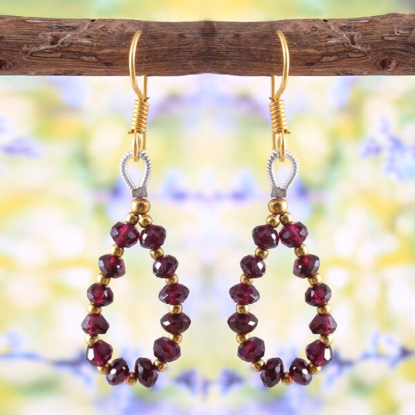 Natural Garnet Beads Earrings, Garnet Gemstone Roundel Beads  Wire Wrapped Earrings, Garnet Gemstone Beaded Jewelry Hoop Earrings For Gift - Image 2