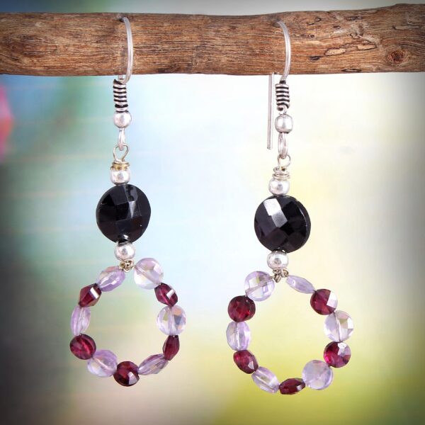 Natural Garnet Beads Earring, Garnet Gemstone Beaded Hoop Earrings, Top Quality Amethyst Coin Shape Beaded Earrings, Gemstone Earrings - Image 2