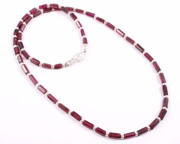 Natural Garnet Faceted Tube Beads Necklace, Boho Gemstone Jewelry Gift, Stone Beads 3x5.5-3x7 mm, 925 Sterling Silver Clasp, Handcrafted 18" - Image 2