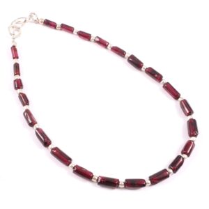 925 Silver Natural Garnet Beads Anklet, Garnet Smooth Tube Shape Anklet, Garnet Gemstone Pipe Shape Beaded Anklet 3x6-4x9 MM 9"