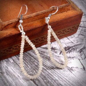 White Sapphire Beads Earrings 3mm, Handmade White Sapphire Bead Earrings | Stylish Loop Earrings, Loose Stone jewelry Gift For Her 1.5"