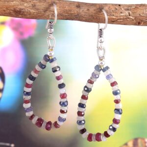 Blue Sapphire Beads Earrings, Ruby Round Beads Earrings, White Sapphire Beads Earrings, Gemstone Jewelry hoop Earrings 3.5-4 MM