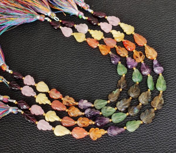 Multi Gemstone Leaf Shape Carving Beads, Garnet Carving Pear Shape Beads, Multi Color Natural Gemstone Shape Beads Tassel 7x11-10x12 MM 8"