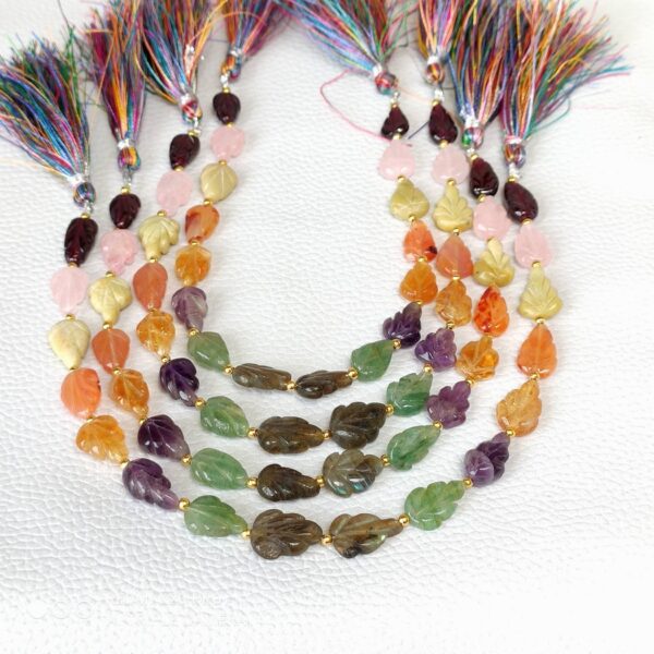 Multi Gemstone Leaf Shape Carving Beads, Garnet Carving Pear Shape Beads, Multi Color Natural Gemstone Shape Beads Tassel 7x11-10x12 MM 8" - Image 3