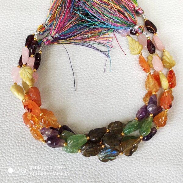 Multi Gemstone Leaf Shape Carving Beads, Garnet Carving Pear Shape Beads, Multi Color Natural Gemstone Shape Beads Tassel 7x11-10x12 MM 8" - Image 2