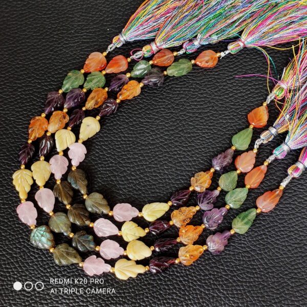 Carnelian Leaf Shape Carving Beads, Garnet Carving Pear Shape Beads, Multi Gemstone Carving Handmade Beads With Tassel 7x11-9x12 MM 8" - Image 2