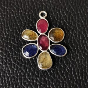 Multi Sapphire Rose Cuts Pendant 23x32 MM, Ruby Rose Cuts Silver Pendant, Gemstone Rose Cuts Bezel, 7 Chakara Gemstone Jewelry 1 Pc