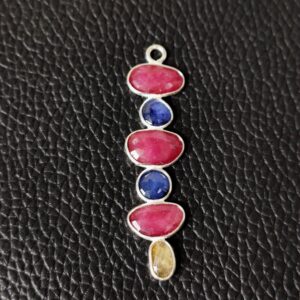 Multi Sapphire Rose Cuts Pendant 12x47 MM, Pink Sapphire Rose Cuts Silver Pendant, Gemstone Rose Cuts Bezel, Sapphire Gemstone Jewelry 1 Pc