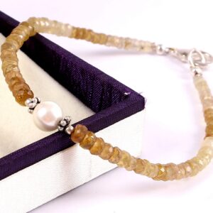 Yellow Sapphire Beads Bracelet, Yellow Sapphire Roundel Beads Bracelet, Sapphire Gemstone Beads Bracelet With Sea Pearl 3.5-4.5 MM 7.5"
