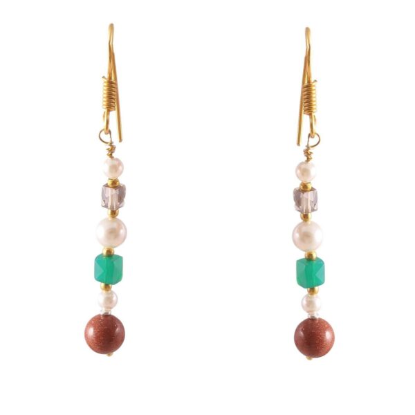 Boho Green Onyx Cube Beads Earrings, Sandstone Hoop Earrings with Amethyst & Pearls, Trendy Beaded Jewelry for Women, Gems Gift For Her 1.5" - Image 2