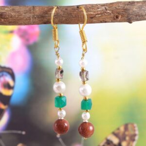 Boho Green Onyx Cube Beads Earrings, Sandstone Hoop Earrings with Amethyst & Pearls, Trendy Beaded Jewelry for Women, Gems Gift For Her 1.5"