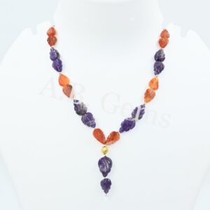 Carnelian Carving Leaf Beads Necklace, Amethyst Necklace 10x15-11x19 MM, Gemstone Carving Beaded Jewelry For Gift, Carnelian Necklace 18"