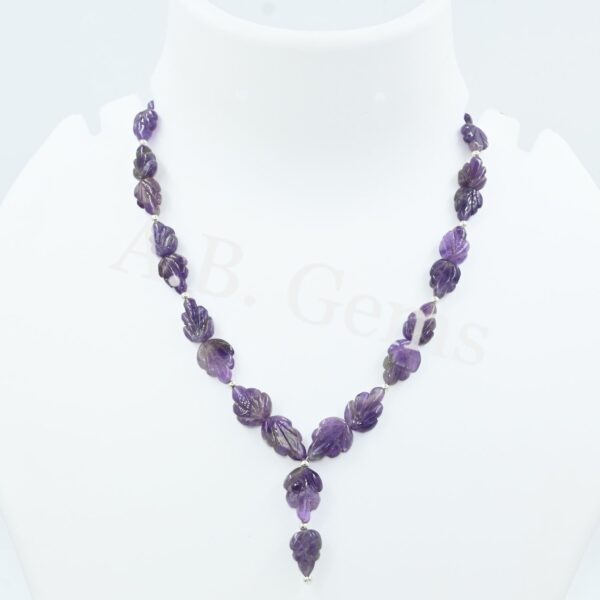 Amethyst Carving Leaf Beads Necklace 10x14-12x18 MM, Gemstone Beads Jewelry For Gift, Genuine Amethyst Carving Beaded Necklace 18" - Image 2