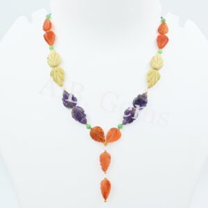 Amethyst Carving Leaf Beads Necklace 9x13-14x20 MM, Mix Gemstone Carving Leaf Beads Necklace, Gemstone Beaded Jewelry For Gift 18"