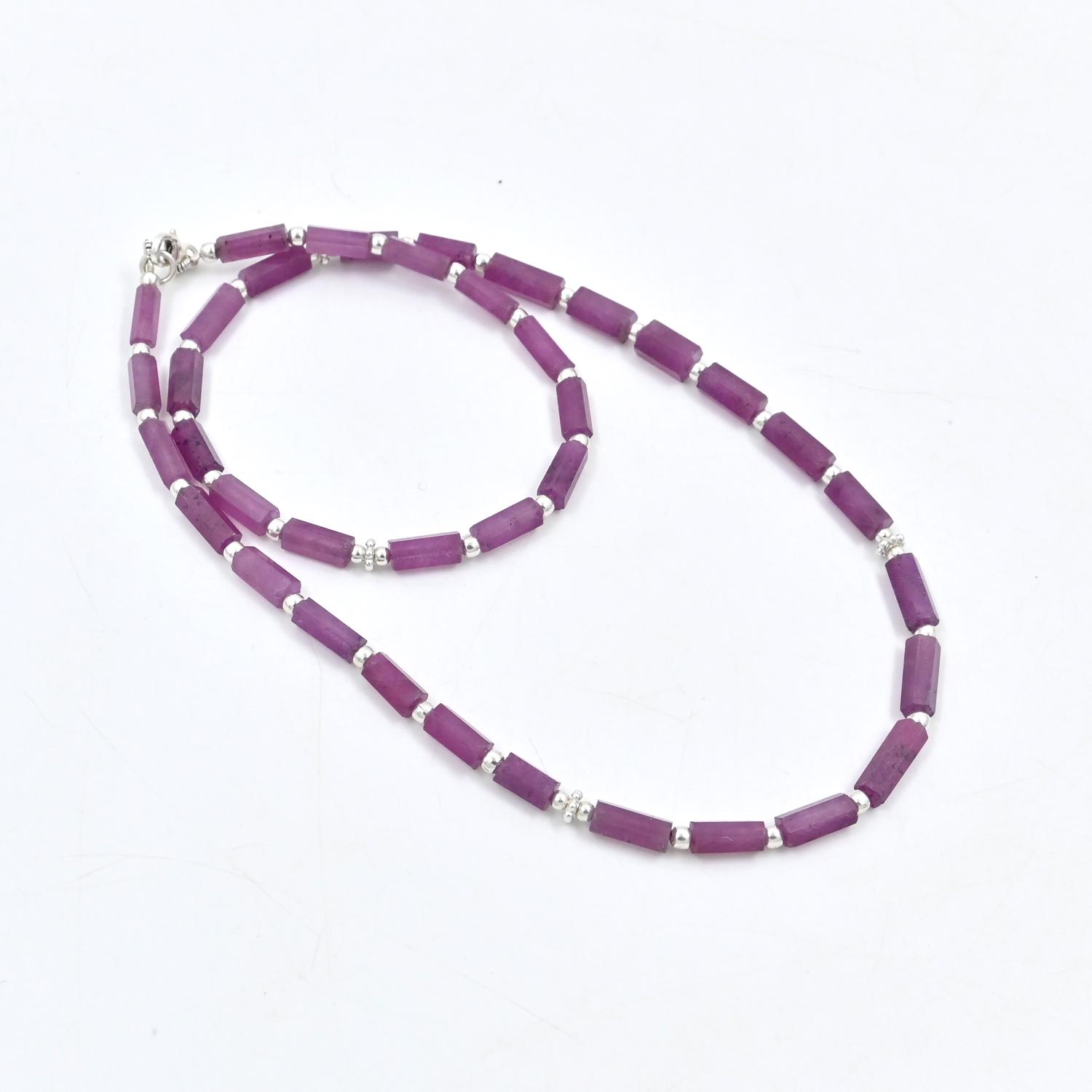 Pink Sapphire Faceted Beads Necklace, Natural Sapphire Tube Light Shape Beads, Elegant Sapphire Faceted Necklace, Sapphire Beaded Necklace