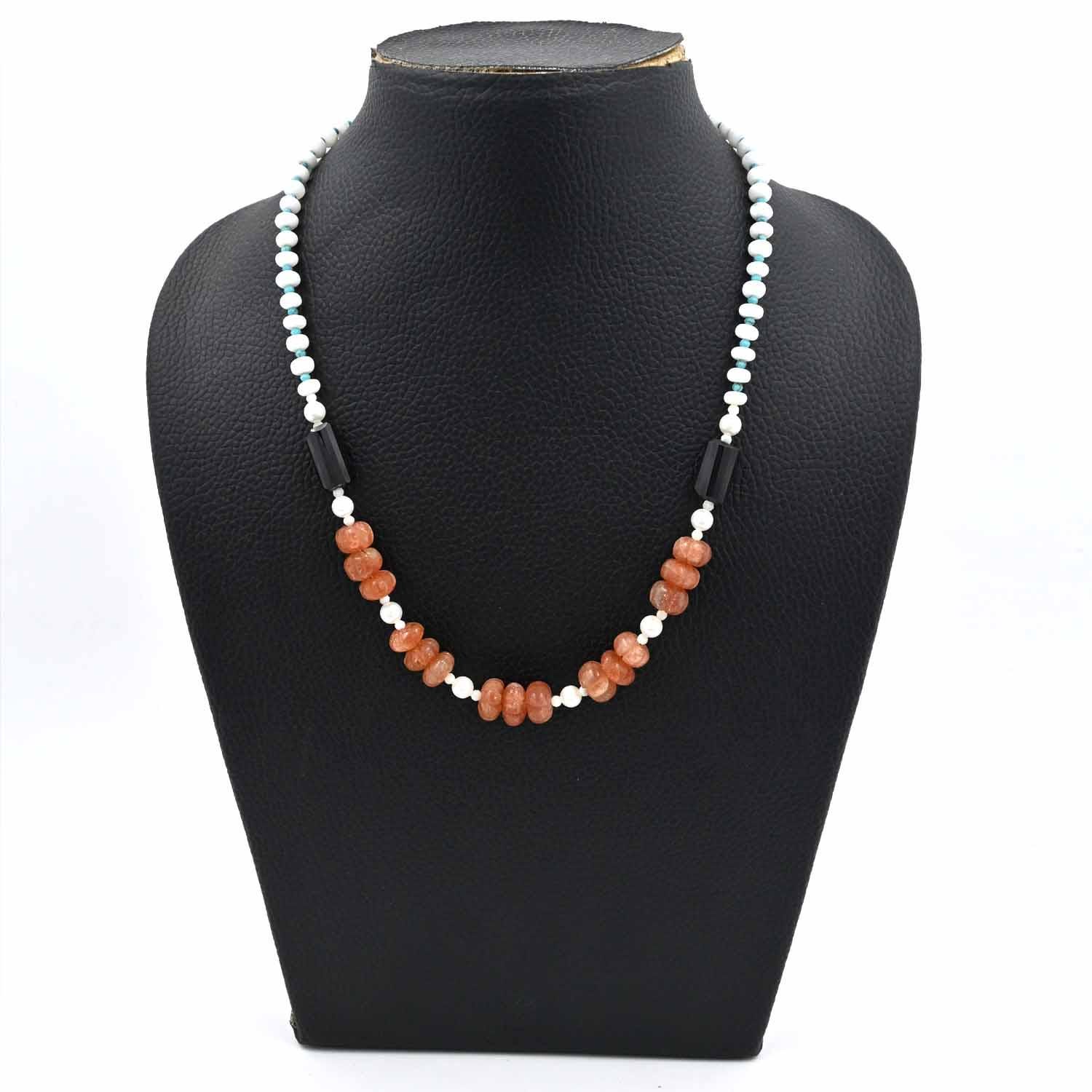 Elegant White Opal Beads Necklace with Turquoise Round Bead, Sunstone Carved Pumpkin Beads Necklace, Opal Beaded Necklace, Weeding Gifts