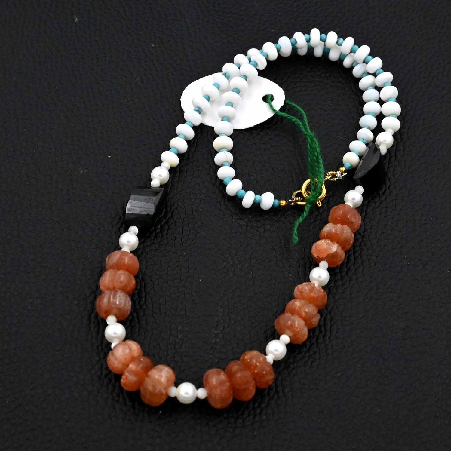 Elegant White Opal Beads Necklace with Turquoise Round Bead, Sunstone Carved Pumpkin Beads Necklace, Opal Beaded Necklace, Weeding Gifts - Image 2