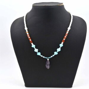 Elegant White Opal Beads Necklace with Turquoise Round Bead Sunstone Rondelle Beads Necklace Blue Opal Beaded Necklace with Amethyst Pendant